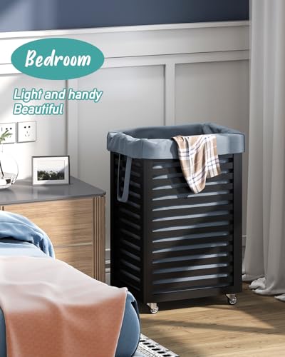Black Laundry Hamper, Laundry Hamper with Wheels, 22.7 Gallon (86L) Bamboo Wood Clothes Laundry Basket with Handles, Removable Liner - color: Black