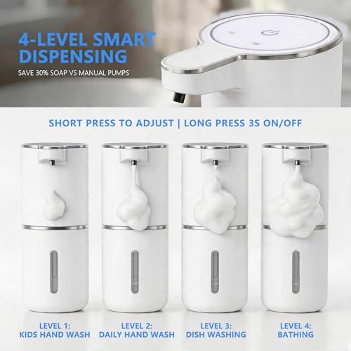 Automatic Foam Soap Dispenser – USB Rechargeable Smart Hand Soap Dispenser with 4-Level Adjustable, 380mL Wall Mounted or Countertop, IPX5 Waterproof, for Bathroom Kitchen (White) - color: White1