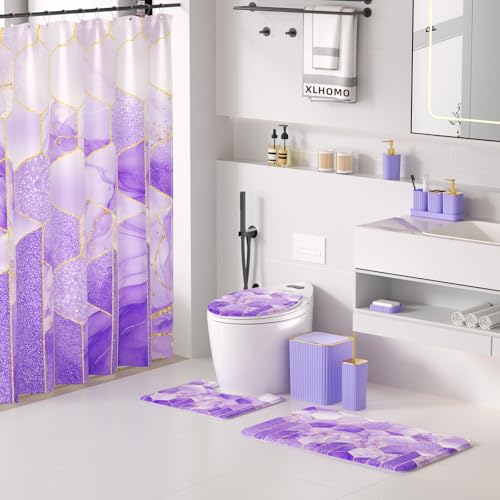 XLHOMO Bathroom Set - 26PC Bathroom Set with Shower Curtain and Rugs, Bathroom Accessory Set, Purple Bathroom Accessories Set, Trash Can & Soap Dispenser - style: Purple&Gold