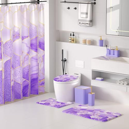 XLHOMO Bathroom Set - 26PC Bathroom Set with Shower Curtain and Rugs, Bathroom Accessory Set, Purple Bathroom Accessories Set, Trash Can & Soap Dispenser - style: Purple&Gold