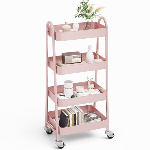NEWBULIG 4-Shelf Metal Rolling Storage Utility Cart with Lockable Wheels | Mobile Organizer Shelf, Space-Saving, Freestanding, Bathroom, Living Room, Slim, Narrow Corner Spaces, Pink - color: Pink, size: 4-Tiers