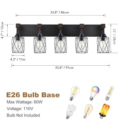 Bathroom Light Fixtures,Farmhouse Black Metal with Glass Shade | 5 Light Rustic Vanity Lights, Wood Accent Wire Cage Design, Mounts Over Mirror, Ideal for Bedroom & Hallway,Easy to Install - size: 5-Light