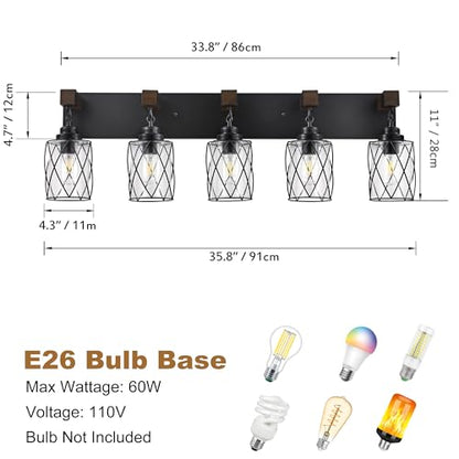 Bathroom Light Fixtures,Farmhouse Black Metal with Glass Shade | 5 Light Rustic Vanity Lights, Wood Accent Wire Cage Design, Mounts Over Mirror, Ideal for Bedroom & Hallway,Easy to Install - size: 5-Light