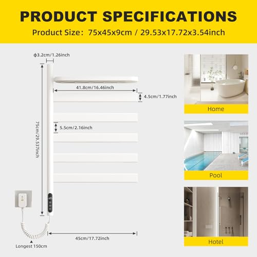 Swivel Heated Towel Rack with Shelf,Rotating Electric Towel Warmer Rack Wall Mounted with Timer,Heated Towel Warmer for Bathroom with Swing Arm,5 Bars,Plug in & Hardwired,White - color: White