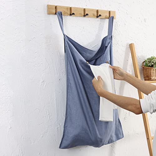 Linen Hanging Laundry Bag, 100% Linen Over The Door Laundry Hamper with Buttons and Zipper, Space Saving Door Hampers for Laundry Dirty Clothes Home Travel, Blue - color: Blue