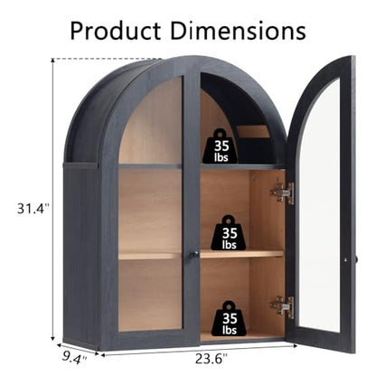 Bathroom Arched Wall Cabinet, 23.5'' Wide Medicine Cabinet, Wall Mount with Glass Doors & Adjustable Shelves, Over the Toilet Storage Cabinet for Laundry Room, Bedroom, Kitchen, Grey Black - color: Grey Black