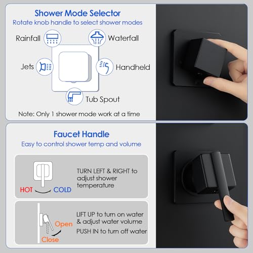 ROVOGO Shower Panel Tower System with Led Lights and 5 Shower Modes, 46.5" | Rainfall Waterfall Shower Head, 4 Body Jets, Handheld & Tub Spout, Stainless Steel Shower Column w/ Brass Valve, Matte Black - color: Black-4 jets