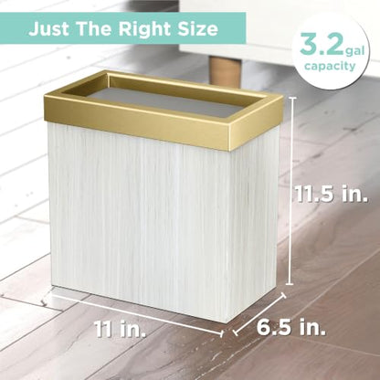 Gatco Modern Rectangle Wastebasket, White Oak/Brushed Brass Lid - Stainless Steel Trash Can with Removable Lid, Leakproof, 3 Gallon Capacity for Bathroom, Bedroom, Kitchen, or Office - color: White Oak / Brushed Brass Lid