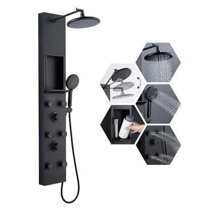ROVATE Shower Panel Tower System with Shelf & 6 Body Jets, Matte Black | Stainless Steel Shower Column with Height Adjustable Shower Arm, Self-Cleaning Rainfall Shower & Handheld, Mixing Valve Body - color: Matte Black