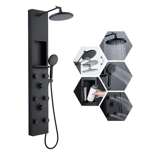 ROVATE Shower Panel Tower System with Shelf & 6 Body Jets, Matte Black | Stainless Steel Shower Column with Height Adjustable Shower Arm, Self-Cleaning Rainfall Shower & Handheld, Mixing Valve Body - color: Matte Black