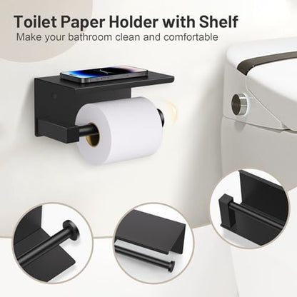 Lairuier Bathroom Hardware Set Matte Black, Towel Holder Set Wall Mounted | Bathroom Accessories Set, SUS304 Stainless Steel 23.6" Towel Bar, Toilet Paper Holder with Shelf, Towel Ring and Towel Hooks - color: Black, size: 5 Pieces - With Shelf