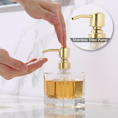 Square Bathroom Soap Dispenser Brushed Gold, Glass Bottles with Stainless Steel Pump 8.4 OZ Cube Liquid Soap Dispenser Hand Kitchen - color: Gold