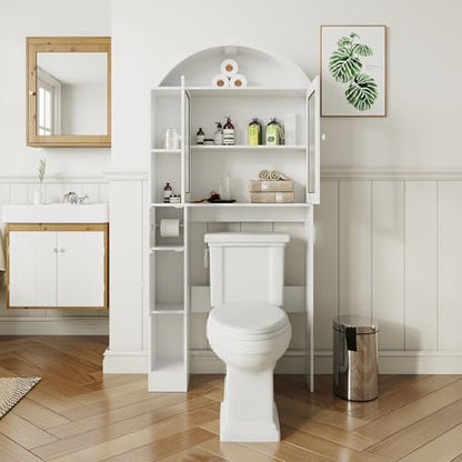 Over The Toilet Storage,Arched Wooden Over The Toilet Storage Organizer with Double Doors,Multiple Compartments and Open Shelves,Anti-tip Device,Space Saving (Toilet cabinet-white-01)