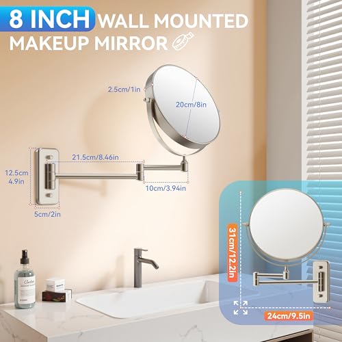 Auxmir 8" Double-Sided Wall-Mounted Makeup Mirror, 1X/30X Magnifying Mirror | stainless steel, 13-inch extendable swivel arm, 360°shaving rotation, bathroom makeup mirror, tweezers, Nickel - color: Nickel-1x/30x