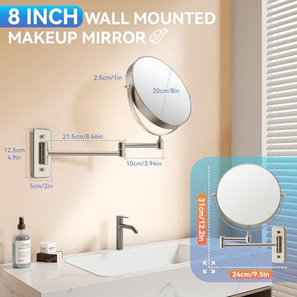 Auxmir 8" Double-Sided Wall-Mounted Makeup Mirror, 1X/30X Magnifying Mirror | stainless steel, 13-inch extendable swivel arm, 360°shaving rotation, bathroom makeup mirror, tweezers, Nickel - color: Nickel-1x/30x