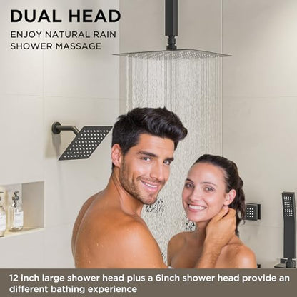 Shower Systems with Body Jets, STARBATH 4 Way 12+6" Rainfall Shower Head with Handheld Spray Combo, Ceiling Mounted Shower Jets System in Wall Shower Faucet Sets Complete, Matte Black - color: Matte Black, size: 6"+12"-01