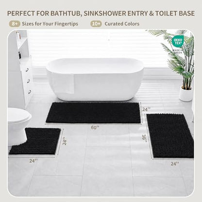 Toilet Rugs U-Shaped Mat 24x24, Contour Bathroom Mat - Ultra Soft & Absorbent Chenille, Quick-Dry, Machine Washable with Non Slip Barrier Backing, Black - color: Black, size: 24" X 24"(Toilet Rug)