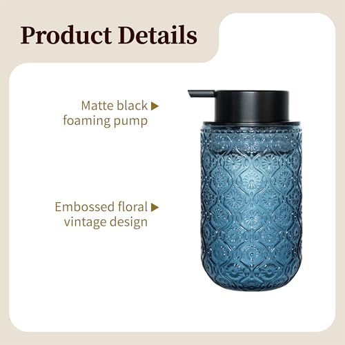 13.5 oz Glass Soap Dispenser, Luxurious Floral Embossed Glass Bathroom Countertop Foaming Pump for Kitchen Vanity (Blue) - color: Blue