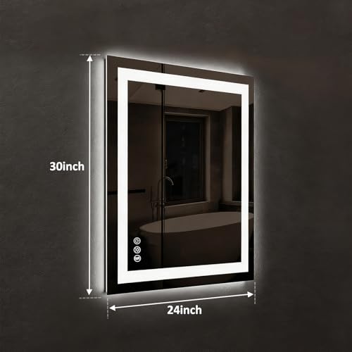 ROOMTEC 24x30 Inches LED Bathroom Mirror with Lights, Vanity Mirror with Front and Backlight, Smart Dimmable Anti-Fog LED Mirror for Bathroom, Memory Function, Tempered Glass (Horizontal/Vertical) - size: 24"L x 30"W