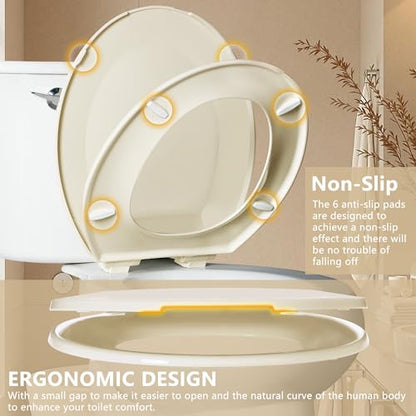 Angol Shiold Round Toilet Seat - Slow Close Hinges, Ergonomic Design with Grip-Tight Bumpers, Safe Easy-Clean PP Material (Almond, 16.5" Round) - color: Almond, size: Round 16.5‘’