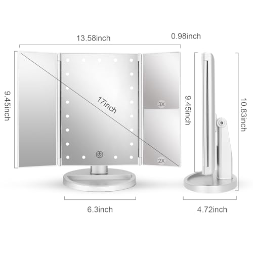 Dresser Mount Tri-Fold Lighted Vanity Mirror with 21 LED Lights, Touch Screen and 3X/2X/1X Magnification, Two Power Supply Modes Make Up Mirror,Travel Mirror - color: Silver