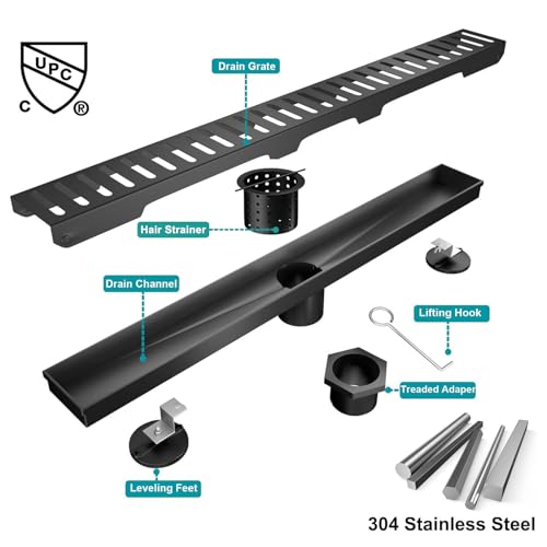 BARONAGE 28 Inch Linear Shower Drain, Capsule Grate, Matte Black | V-shaped Rapid Linear Drains, Rustproof, Hair Catcher, 304 Stainless Steel Rectangle Shower Floor Drain For Bathroom - size: 28 Inch