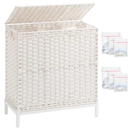SETVSON Laundry Hamper with Lid, Large 132L Rattan Basket, White | 3-Section Large 35 Gal Clothes Hamper, 3 Removable Bags, Heightened Metal Feet, 6 Mesh Laundry Bags, Steel Frame - color: Cloud White, size: 132 L - 35 gal