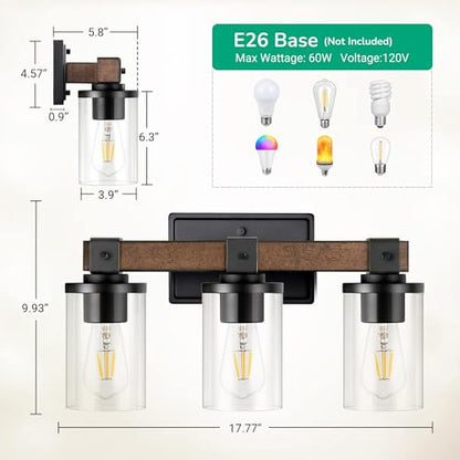 EDISHINE Farmhouse Vanity Lights for Bathroom, 3-Light Bathroom Vanity Lights Over Mirror, Wall Sconce with Clear Glass Shades for Vanity Table, Living Room(E26 Base) (Pack of 2) - size: 3-Light with Clear Glass Shade (Pack of 2)