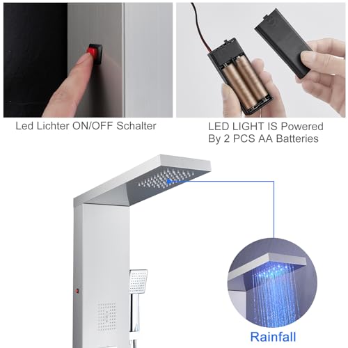 5-in-1 LED Shower Panel Tower System Stainless Steel Brushed Nickel | Rainfall head | 2-in-1 body jets | Handheld shower | Tub spout | LED lights | Wall mount - color: Brushed Nickel