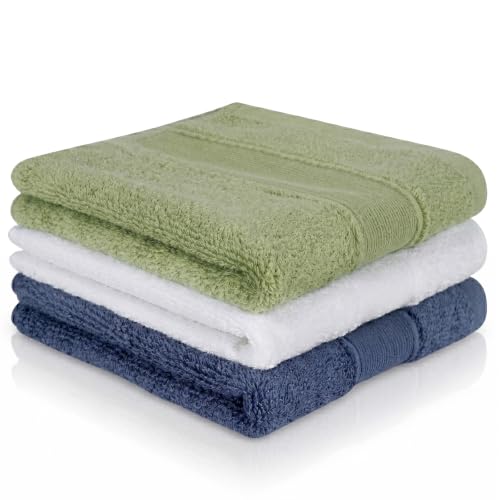 100% Cotton Wash Cloth, 13x13 Inch, 3 Pack, 3 Colors - color: C-green, White and Blue
