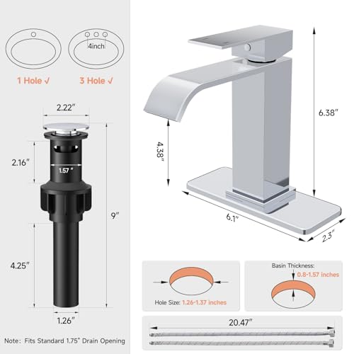 Chrome Bathroom Faucets Evolvegoods Modern Waterfall Bathroom Faucet | Single Handle 1 or 3 Hole Bathroom Sink Faucet RV Mixer Tap Vanity Faucet with Deck Plate Pop-up Drain and Supply Lines - color: Chrome