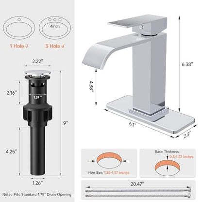 Chrome Bathroom Faucets Evolvegoods Modern Waterfall Bathroom Faucet | Single Handle 1 or 3 Hole Bathroom Sink Faucet RV Mixer Tap Vanity Faucet with Deck Plate Pop-up Drain and Supply Lines - color: Chrome