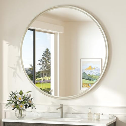36 in Round Brushed Nickel Mirror, Tempered Shatterproof Circle Wall Mirror, Farmhouse Metal Mirrored for Restroom, Entryway, Bedroom, Vanity, Living Room - size: 36"L x 36"W
