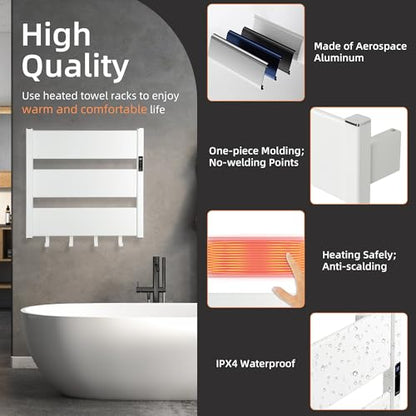 K&KALONZO Electric Heated Towel Rack, 2-Min Heat, Plug-in/Hardwired, H3-W | Wall Mounted, 10 Timers & 3 Heat Levels, 2H Rapid Dry, Anti-Scald, Aerospace Aluminum Towel Warmer for Bathroom, 4 Hooks, - color: White, size: 3-Bar