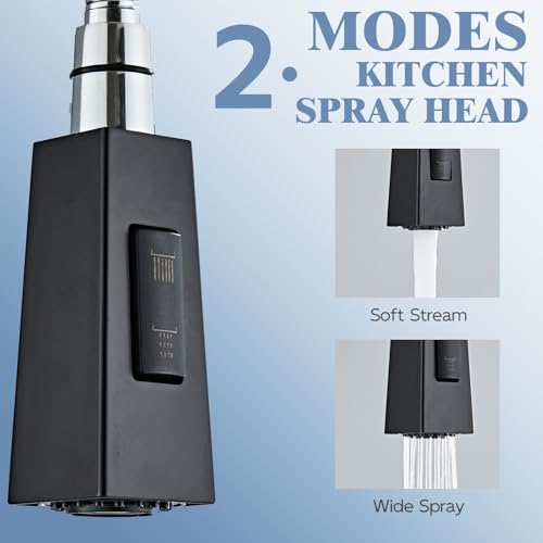 Square Kitchen Faucet Head Replacement Part, G1/2 (13/16" Male Thread) Pull Down Pull Out Sink Sprayer Nozzle, 2-Mode Stream & Spray Tap Spout Only, Splash-Free & Anti-Clog,Matte Black - color: High Pressure Spray Head - Matte Black