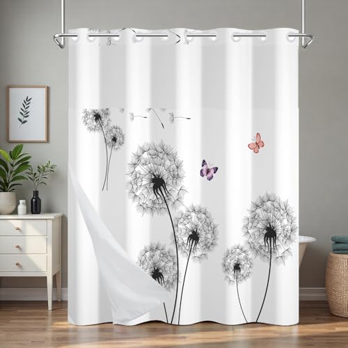 No Hook Shower Curtain with Snap in Liner, Dandelion Shower Curtain Set with See Through Window and Weighted Hem, Heavy Waterproof Fabric Summer Bathroom Shower Curtains for Bath Decor, 71x74 Inches - color: Dandelion