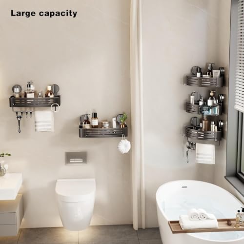 Shower Caddy Suction Shower Shelf No Drilling Shower Organizer Suction Cup Shower Storage Rack Aluminum Wall Mounted Shampoo Holder with Towel Bar Hooks (1-Pack, Matte Gray)