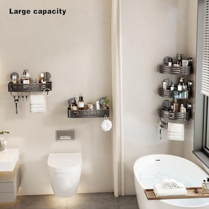 Shower Caddy Suction Shower Shelf No Drilling Shower Organizer Suction Cup Shower Storage Rack Aluminum Wall Mounted Shampoo Holder with Towel Bar Hooks (1-Pack, Matte Gray)
