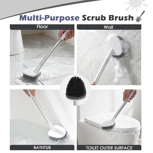Toilet Brush and Holder Set,Toilet Bowl Brush + Flat Scrubber Brush,with Hangable Long Handle,Ventilated Base, Durable Nylon Bristles,Toilet Cleaner Brush for Bathroom RV Toilet Deep Cleaning