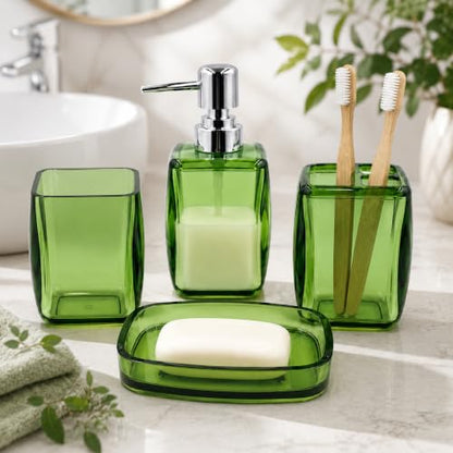 LGURT 4pc Green Acrylic Bathroom Set — Soap Dispenser & Divided Cup | soap dispenser, soap dish, cup & toothbrush cup. Green acrylic, gift-ready for housewarming, hotel, dorm or bath refresh. - color: Fresh Green
