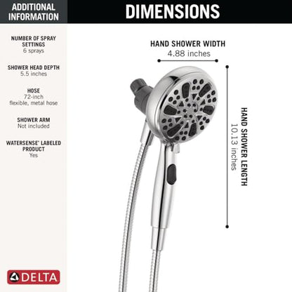 Delta Faucet 6-Spray SureDock Magnetic Shower Head with Handheld Spray, Chrome Shower Head with Hose, Showerheads & Handheld Showers, Handheld Shower Heads, MagnaTite Docking, Chrome 75609 - color: Chrome