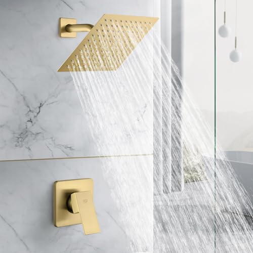 Shower Faucet Set Brushed Gold Bathroom Rainfall 8 Inch Shower Head System, Single Handle Shower Trim Kit with Rough-in Valve - color: Brushed Gold, size: 8 Inch (Wall Mount)