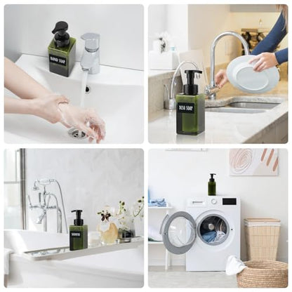 Segbeauty 15.2oz Plastic Green Foam Soap Dispensers with Labels, 4pcs Green Square Refillable Foaming Pump Bottle for Liquid Soap, 450ml Bathroom Shampoo Face Hand Wash Containers with Foaming Pump - color: Green, style: 4pcs 15.2oz