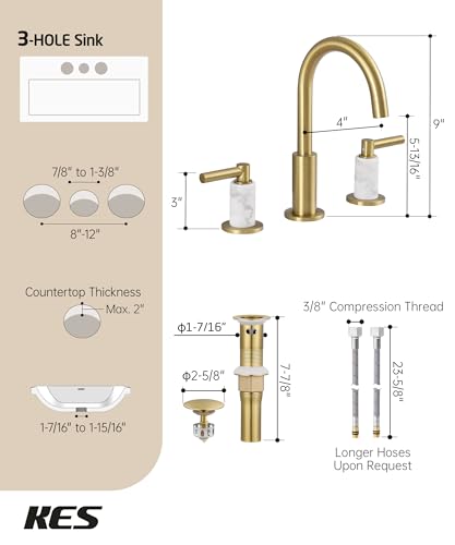 KES Natural Italian Carrara Marble Brushed Gold Bathroom Faucet 3 Hole with All Metal Pop Up Sink Drain, 8 Inch Widespread Bathroom Sink Faucet for Vanity, 360° Swivel Spout, 18/8 Stainless Steel - color: Brushed Gold