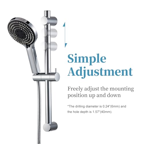 OFFO Shower Slide Bar Combo, Adjustable 21 in Slide Bar with 6-Mode High Pressure Handheld Shower Head and 60 in Stainless Steel Hose, Screw Wall Mounted, Chrome - color: Chrome, style: 21" Slide Bar & 60" Hose