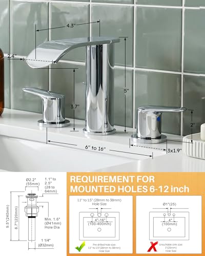 WOWOW Bathroom Faucets 3 Hole: Chrome 8 Inch Widespread Bathroom Sink Faucet Waterfall Spout, with Pop Up Drain and Water Supply, Suitable for Vanity Rv Commercial Lavatory Restroom - color: Chrome