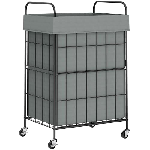 90L Laundry Hamper with Wheels, Laundry Basket with Handle and Liner Bag | Lockable Casters; Reinforced Frame; Breathable Fabric; Space-Efficient Design - color: Gray, size: 90L-1 Section