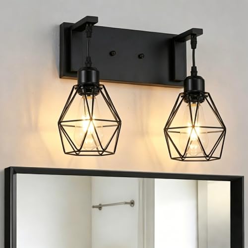 Somniferous Farmhouse Bathroom Light Fixtures, 2 Light Bathroom Vanity Light Over Mirror, Black Bathroom Light with Caged Metal Shade, Rustic Wall Sconce for Bedroom, Living Room, Hallway, E26 Socket - size: 2-Light