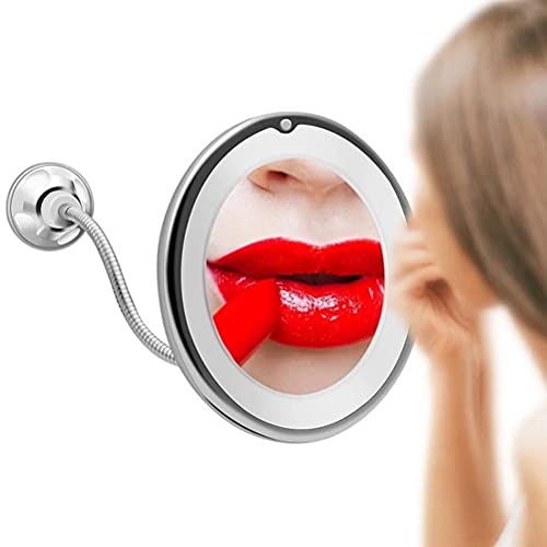 Makeup Mirror with LED Light and Suction Cup 360 Degree Swivel Flexible Gooseneck 10X Magnifying Mirror Travel and Home Bathroom Vanity Mirror (White)
