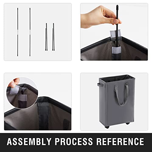 45L Slim Rolling Laundry Basket with Wheels & Adjustable Long Handles, Grey | Small Laundry Baskets with Mesh Top, Narrow Dirty Clothes Hamper for Bedroom, Closet, and Bathroom - color: Gray - Rolling, size: 45L